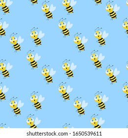 Seamless pattern with bees on blue background. Vector illustration. Adorable cartoon character. Template design for invitation, cards, textile, fabric. Doodle style.