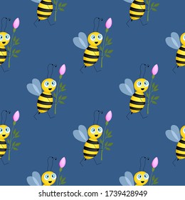 Seamless pattern with bees on blue background. Small wasp. Vector illustration. Adorable cartoon character. Design for invitation, cards, textile, fabric. Flat style. Bee with flower.