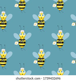 Patrón sin foco con abejas sobre fondo azul.  Pequeña avispa. Ilustración vectorial. Caricatura adorable. Diseño para invitación, textil, tela. Abeja médica con instrumentos médicos.