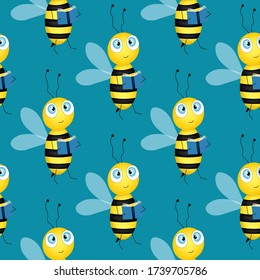 Seamless pattern with bees on blue background. Small wasp. Vector illustration. Adorable cartoon character. Design for invitation, cards, textile, fabric. Bee with book.