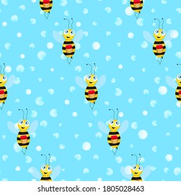 Seamless pattern with bees on blue polka dots background. Adorable cartoon wasp character. Template design for invitation, cards, textile, fabric. Flat style. Vector stock illustration.