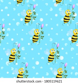 Seamless pattern with bees on blue polka dots background. Adorable cartoon wasp character. Template design for invitation, cards, textile, fabric. Flat style. Vector stock illustration.