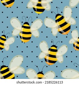Seamless pattern with bees on blue polka dots background. Small wasp. Vector illustration. Adorable cartoon character. Template design for invitation, cards, textile, fabric. Doodle style.