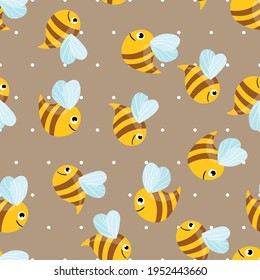 Seamless pattern with bees on color background. Small wasp. Vector illustration. Adorable cartoon character. Template design for invitation, cards, textile, fabric. Doodle style.