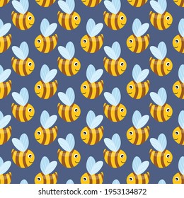 Seamless pattern with bees on color background. Small wasp. Vector illustration. Adorable cartoon character. Template design for invitation, cards, textile, fabric. Doodle style.