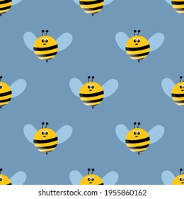 Seamless pattern with bees on color background. Small wasp. Vector illustration. Adorable cartoon character. Template design for invitation, cards, textile, fabric. Doodle style.