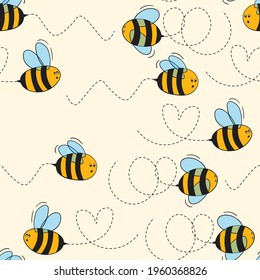 Seamless pattern with bees on color background. Small wasp. Vector illustration. Adorable cartoon character. Template design for invitation, cards, textile, fabric. Doodle style.