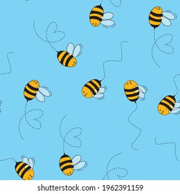 Seamless pattern with bees on color background. Small wasp. Vector illustration. Adorable cartoon character. Template design for invitation, cards, textile, fabric. Doodle style.