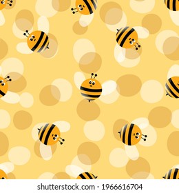 Seamless pattern with bees on color background. Small wasp. Vector illustration. Adorable cartoon character. Template design for invitation, cards, textile, fabric. Doodle style.