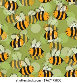Seamless pattern with bees on color background. Small wasp. Vector illustration. Adorable cartoon character. Template design for invitation, cards, textile, fabric. Doodle style.