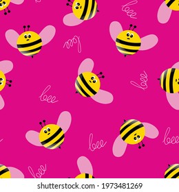 Seamless pattern with bees on color background. Small wasp. Vector illustration. Adorable cartoon character. Template design for invitation, cards, textile, fabric. Doodle style.