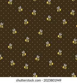 Seamless pattern with bees on color polka dots background. Small wasp. Vector illustration. Adorable cartoon character. Template design for invitation, cards, textile, fabric. Doodle style.