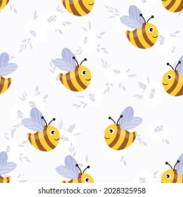 Seamless pattern with bees on color floral background. Small wasp. Vector illustration. Adorable cartoon character. Template design for invitation, cards, textile, fabric. Doodle style.