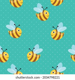 Seamless pattern with bees on color polka dots background. Small wasp. Vector illustration. Adorable cartoon character. Template design for invitation, cards, textile, fabric. Doodle style.