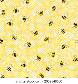 Seamless pattern with bees on color polka dots background. Small wasp. Vector illustration. Adorable cartoon character. Template design for invitation, cards, textile, fabric. Doodle style.
