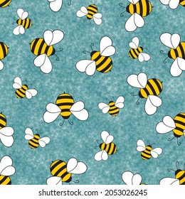 Seamless pattern with bees on color polka dots background. Small wasp. Vector illustration. Adorable cartoon character. Template design for invitation, cards, textile, fabric. Doodle style.