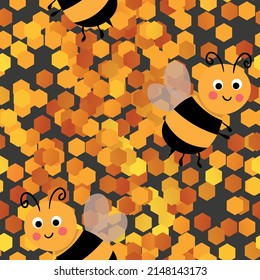 Seamless pattern with bees on color honeycomb background. Small wasp. Vector illustration. Adorable cartoon character. Template design for invitation, cards, textile, fabric. Doodle style.