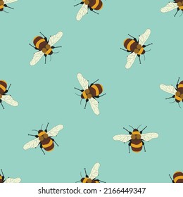 Seamless pattern with bees on color background. Small wasp. Vector illustration. Adorable cartoon character. Design for invitation, cards, textile, fabric. Doodle style.