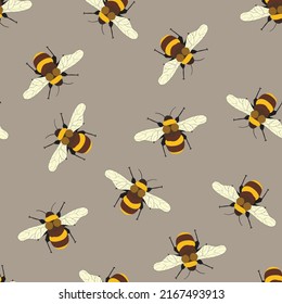 Seamless pattern with bees on color background. Small wasp. Vector illustration. Adorable cartoon character. Design for invitation, cards, textile, fabric. Doodle style.