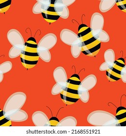 Seamless pattern with bees on color background. Small wasp. Vector illustration. Adorable cartoon character. Template design for invitation, cards, textile, fabric. Doodle style.