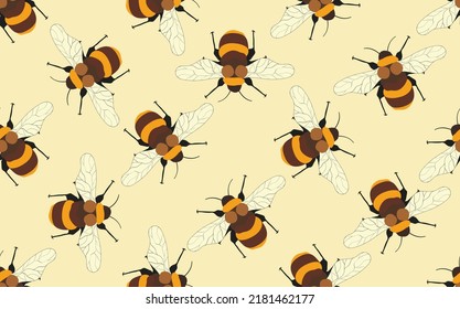 Seamless pattern with bees on color background. Small wasp. Vector illustration. Adorable cartoon character. Template design for invitation, cards, textile, fabric. Doodle style.