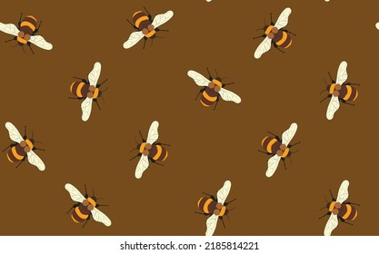Seamless pattern with bees on color background. Small wasp. Vector illustration. Adorable cartoon character. Template design for invitation, cards, textile, fabric. Doodle style.