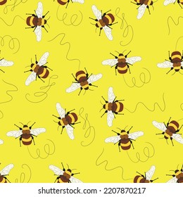 Seamless pattern with bees on color background. Small wasp. Vector illustration. Adorable cartoon character. Template design for invitation, cards, textile, fabric. Doodle style.