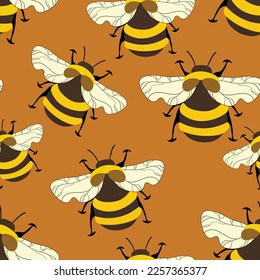 Seamless pattern with bees on color background. Small wasp. Vector illustration. Adorable cartoon character. Template design for invitation, cards, textile, fabric. Doodle style.