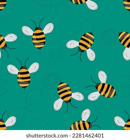 Seamless pattern with bees on color background. Small wasp. Vector illustration. Adorable cartoon character. Template design for invitation, cards, textile, fabric. Doodle style.