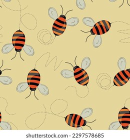 Seamless pattern with bees on color background. Small wasp. Vector illustration. Adorable cartoon character. Template design for invitation, cards, textile, fabric. Doodle style.