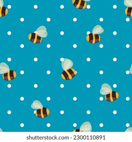 Seamless pattern with bees on color background. Small wasp. Vector illustration. Adorable cartoon character. Template design for invitation, cards, textile, fabric. Doodle style.