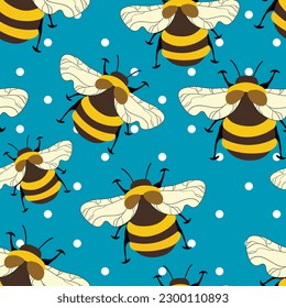 Seamless pattern with bees on color background. Small wasp. Vector illustration. Adorable cartoon character. Template design for invitation, cards, textile, fabric. Doodle style.