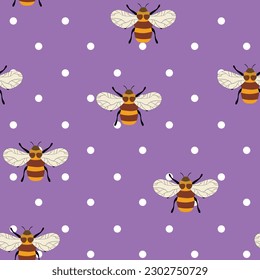 Seamless pattern with bees on color background. Small wasp. Vector illustration. Adorable cartoon character. Template design for invitation, cards, textile, fabric. Doodle style.