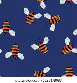 Seamless pattern with bees on color background. Small wasp. Vector illustration. Adorable cartoon character. Template design for invitation, cards, textile, fabric. Doodle style.