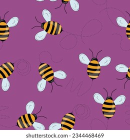 Seamless pattern with bees on color background. Small wasp. Vector illustration. Adorable cartoon character. Template design for invitation, cards, textile, fabric. Doodle style.