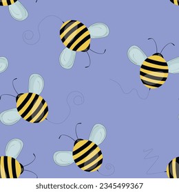 Seamless pattern with bees on color background. Small wasp. Vector illustration. Adorable cartoon character. Template design for invitation, cards, textile, fabric. Doodle style.