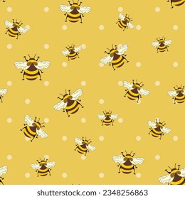 Seamless pattern with bees on color background. Small wasp. Vector illustration. Adorable cartoon character. Template design for invitation, cards, textile, fabric. Doodle style.