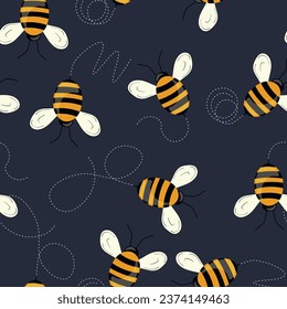 Seamless pattern with bees on color background. Small wasp. Vector illustration. Adorable cartoon character. Template design for invitation, cards, textile, fabric. Doodle style.