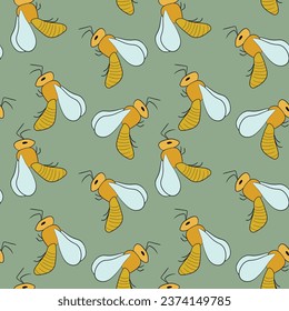 Seamless pattern with bees on color background. Small wasp. Vector illustration. Adorable cartoon character. Template design for invitation, cards, textile, fabric. Doodle style.