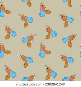 Seamless pattern with bees on color background. Small wasp. Vector illustration. Adorable cartoon character. Template design for invitation, cards, textile, fabric. Doodle style.