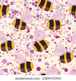 Seamless pattern with bees on color background. Small wasp. Vector illustration. Adorable cartoon character. Template design for invitation, cards, textile, fabric. Doodle style.