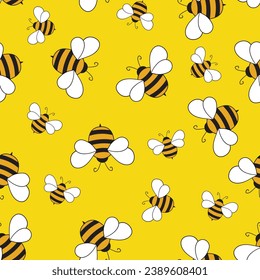 Seamless pattern with bees on color background. Small wasp. Vector illustration. Adorable cartoon character. Template design for invitation, cards, textile, fabric. Doodle style.