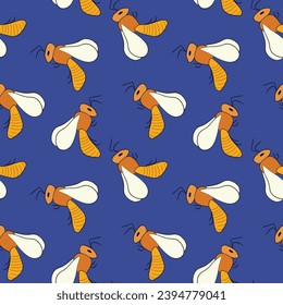 Seamless pattern with bees on color background. Small wasp. Vector illustration. Adorable cartoon character. Template design for invitation, cards, textile, fabric. Doodle style.