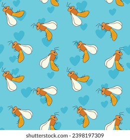 Nahtloses Muster mit Bienen auf Farbhintergrund. Kleine Wespe. Vektorgrafik. Adorable Cartoon-Charakter. Template-Design für Einladung, Karten, Textilien, Stoff. Doodle-Stil.