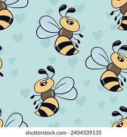 Seamless pattern with bees on color background. Small wasp. Vector illustration. Adorable cartoon character. Template design for invitation, cards, textile, fabric. Doodle style.