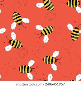 Seamless pattern with bees on color background. Small wasp. Vector illustration. Adorable cartoon character. Template design for invitation, cards, textile, fabric. Doodle style.