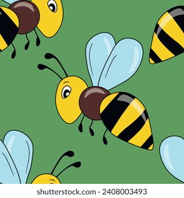 Seamless pattern with bees on color background. Small wasp. Vector illustration. Adorable cartoon character. Template design for invitation, cards, textile, fabric. Doodle style.