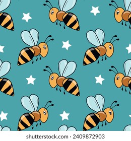 Seamless pattern with bees on color background. Small wasp. Vector illustration. Adorable cartoon character. Template design for invitation, cards, textile, fabric. Doodle style.