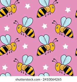 Seamless pattern with bees on color background. Small wasp. Vector illustration. Adorable cartoon character. Template design for invitation, cards, textile, fabric. Doodle style.