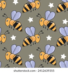 Seamless pattern with bees on color background. Small wasp. Vector illustration. Adorable cartoon character. Template design for invitation, cards, textile, fabric. Doodle style.